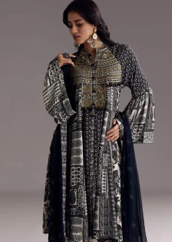 Black Mixed Print Muslin Palazzo Set With Resham Work