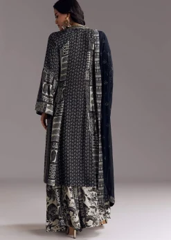 Black Mixed Print Muslin Palazzo Set With Resham Work