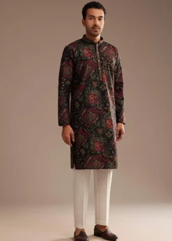 Black Multi Color Linen Abstract Printed Kurta Set
