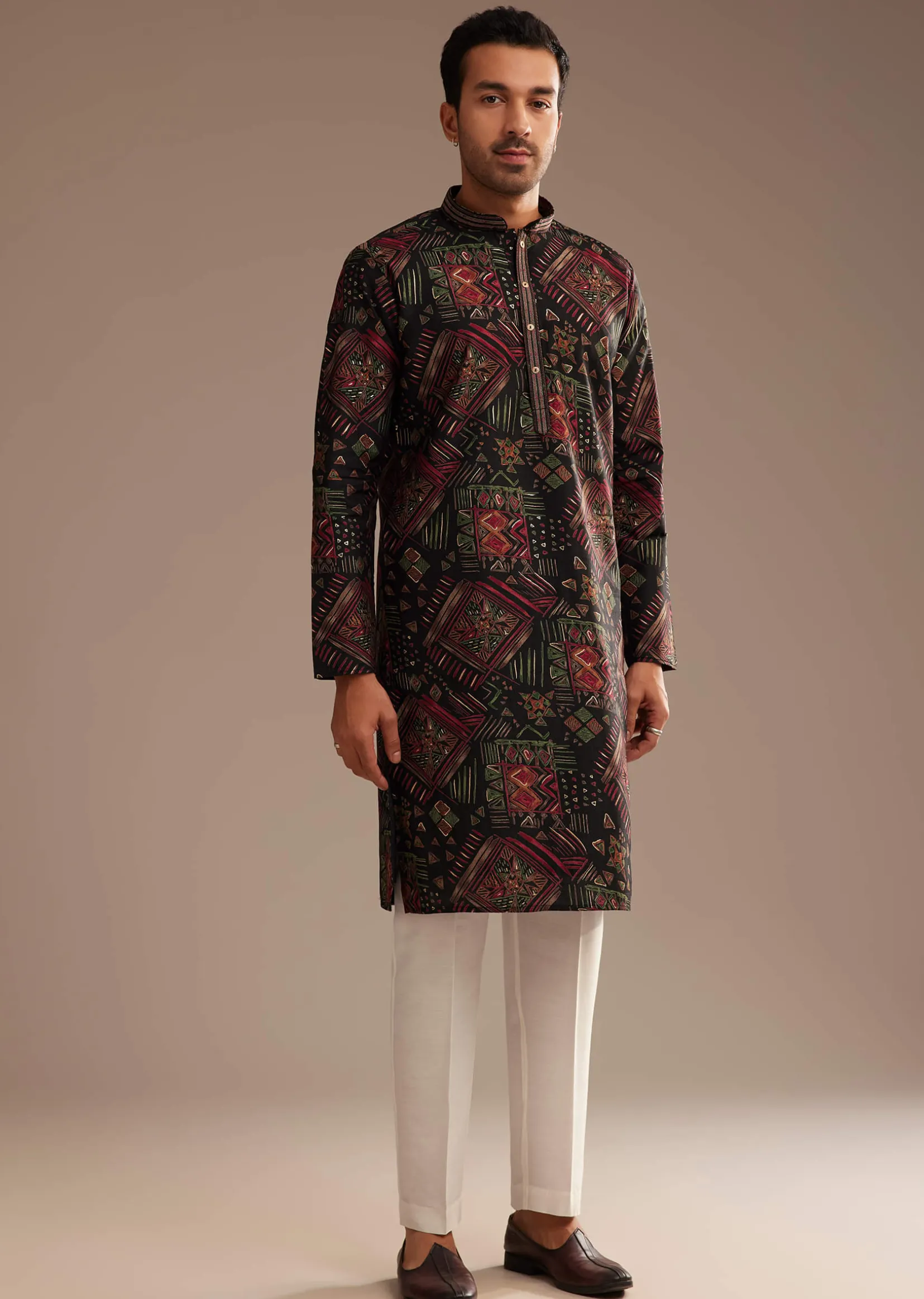 Black Multi Color Linen Abstract Printed Kurta Set