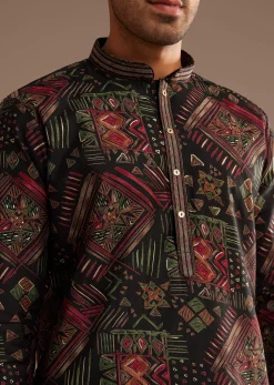 Black Multi Color Linen Abstract Printed Kurta Set