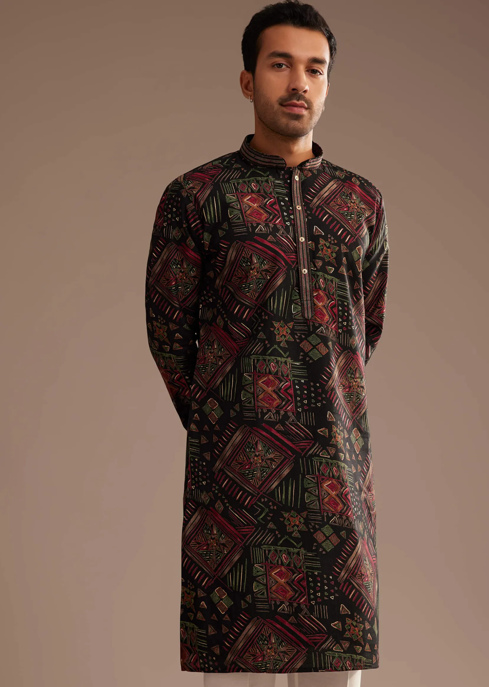 Black Multi Color Linen Abstract Printed Kurta Set