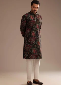 Black Multi Color Linen Abstract Printed Kurta Set