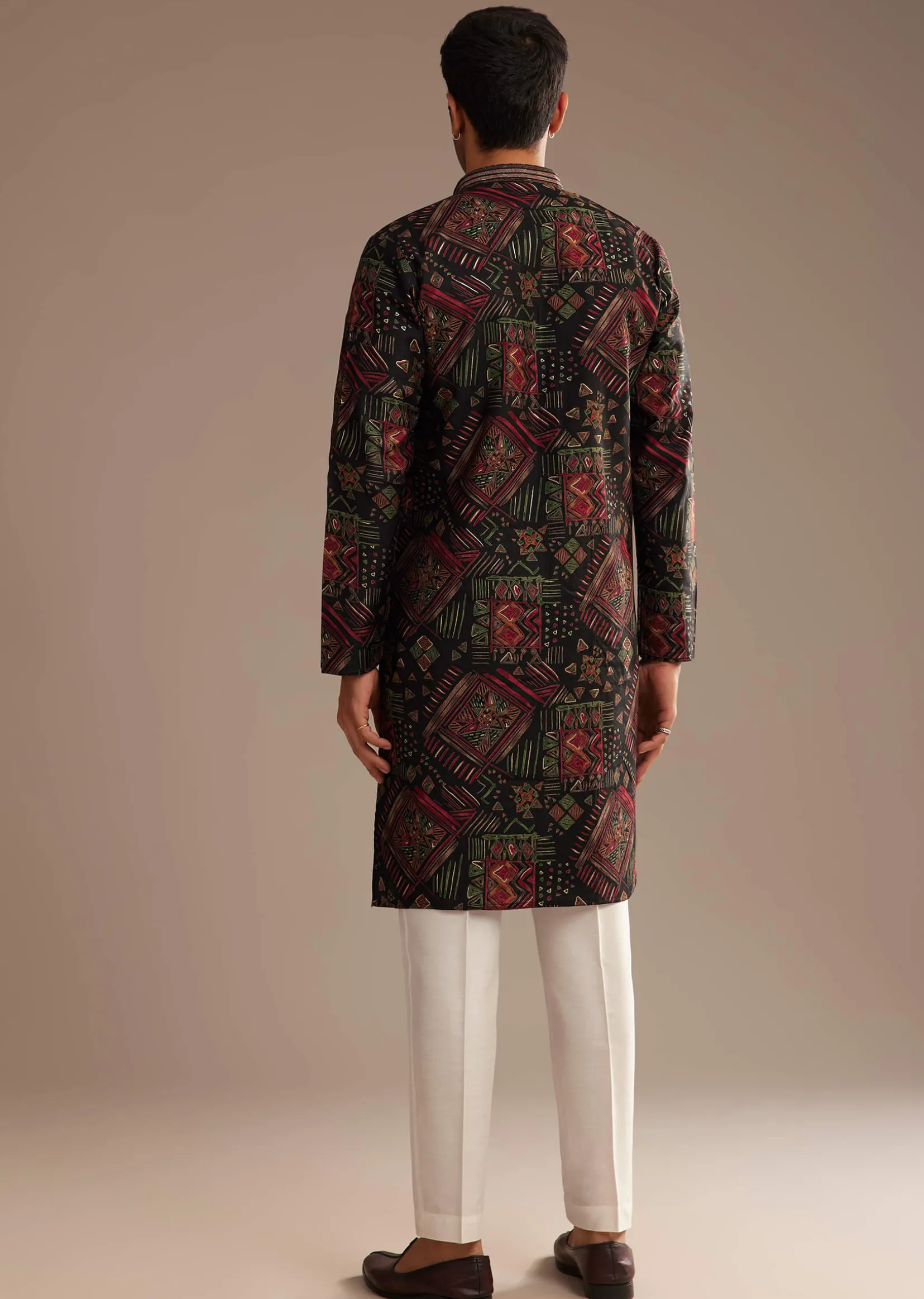 Black Multi Color Linen Abstract Printed Kurta Set