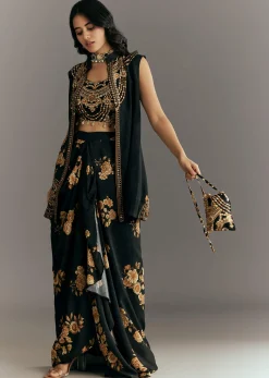 Black Muslin Croptop Set With Floral Printed Skirt Jacket