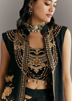 Black Muslin Croptop Set With Floral Printed Skirt Jacket