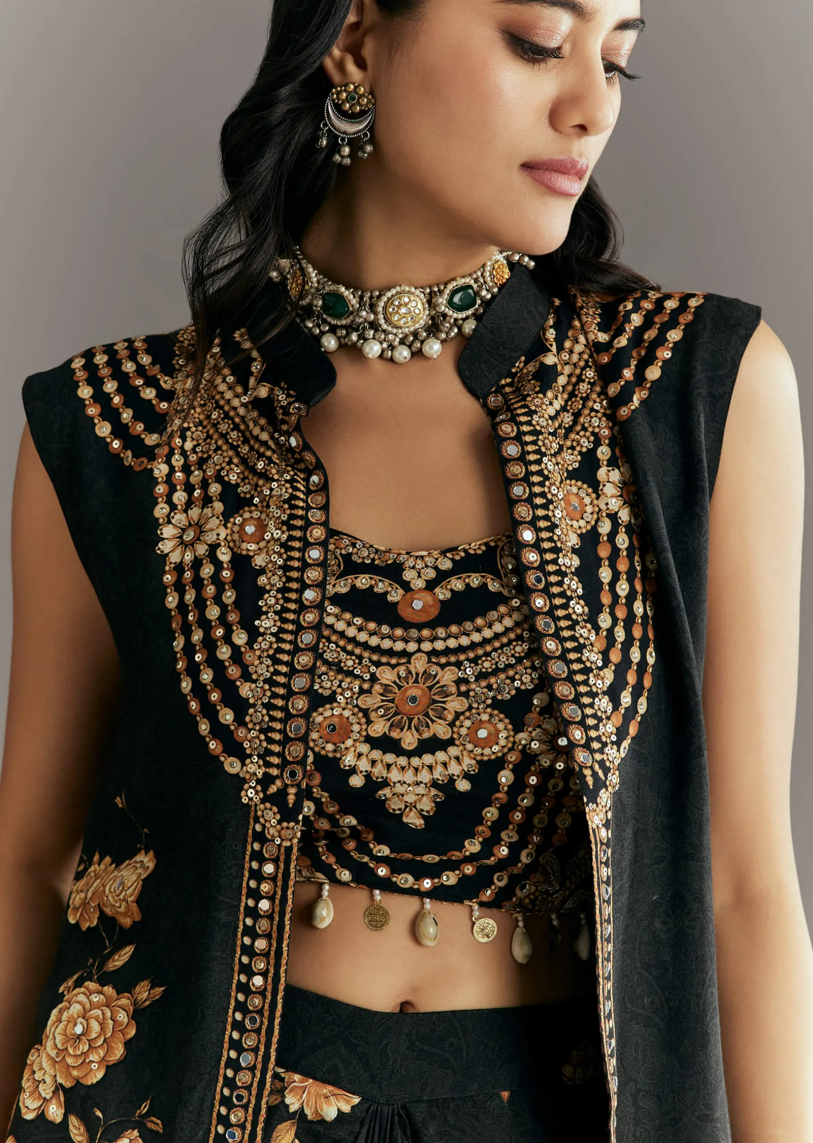 Black Muslin Croptop Set With Floral Printed Skirt Jacket