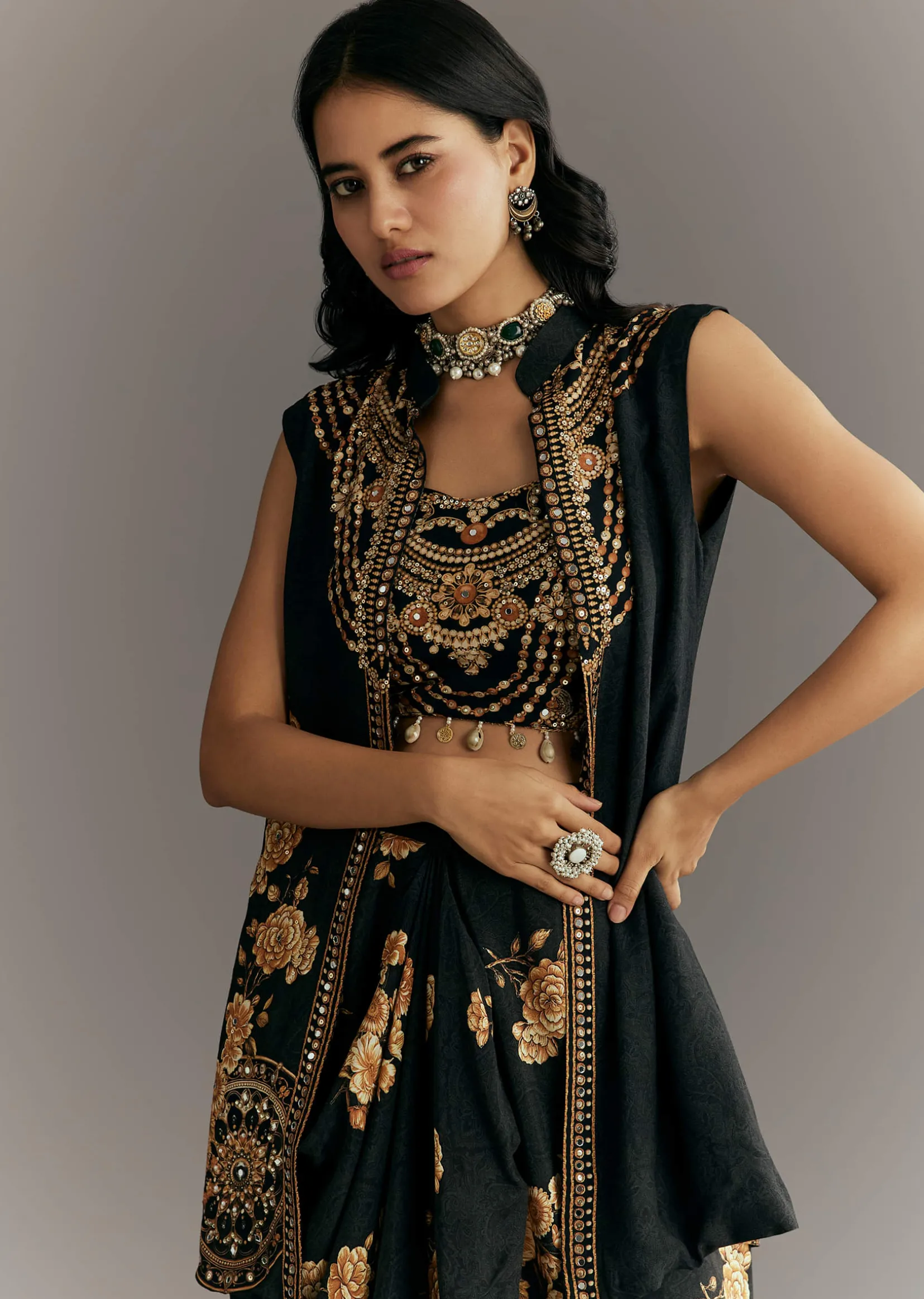 Black Muslin Croptop Set With Floral Printed Skirt Jacket