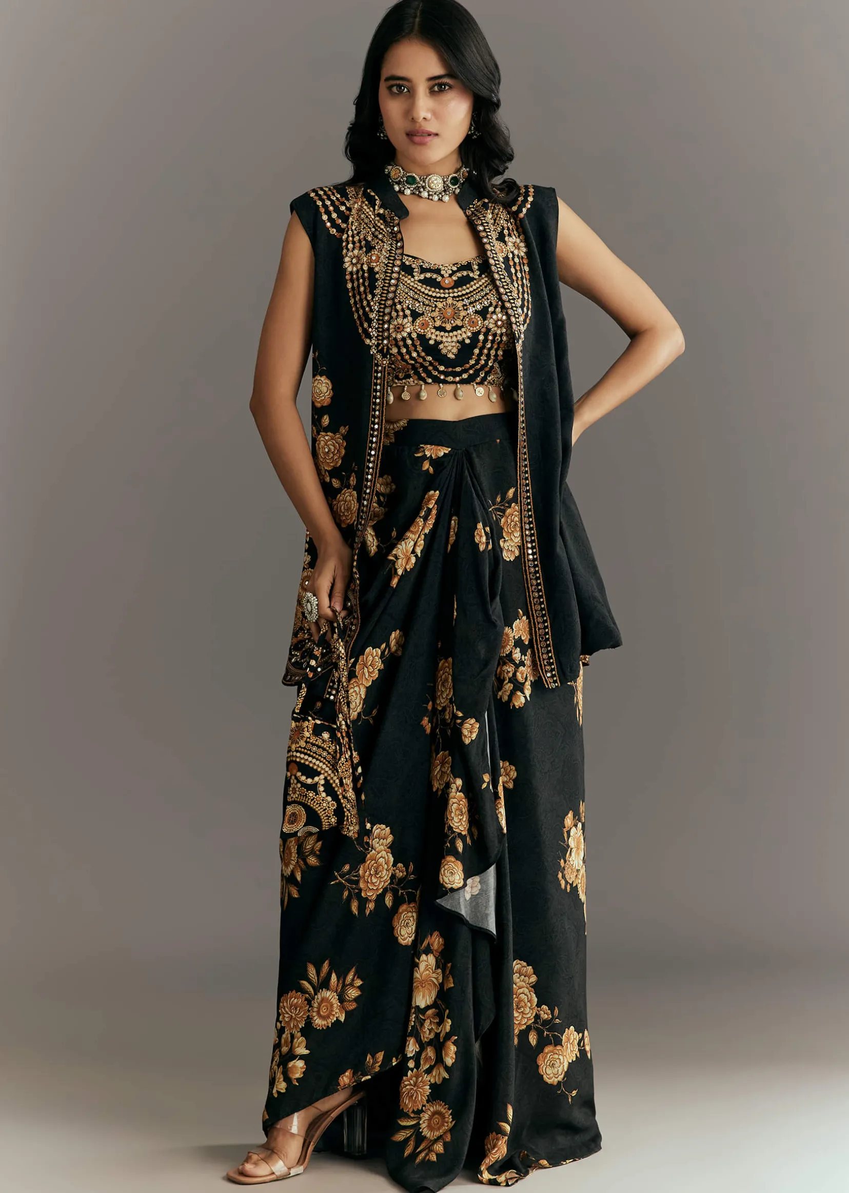 Black Muslin Croptop Set With Floral Printed Skirt Jacket