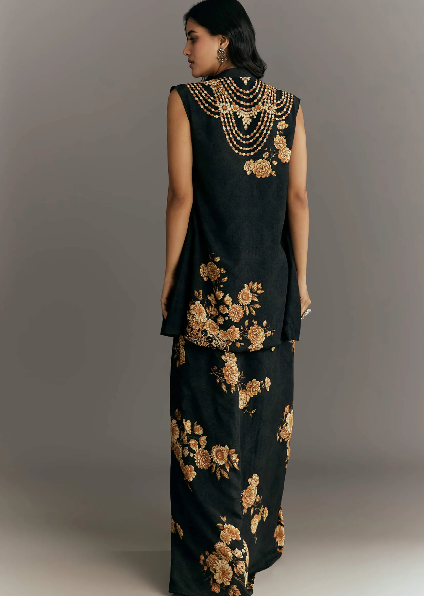 Black Muslin Croptop Set With Floral Printed Skirt Jacket