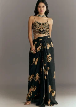 Black Muslin Croptop Set With Floral Printed Skirt Jacket