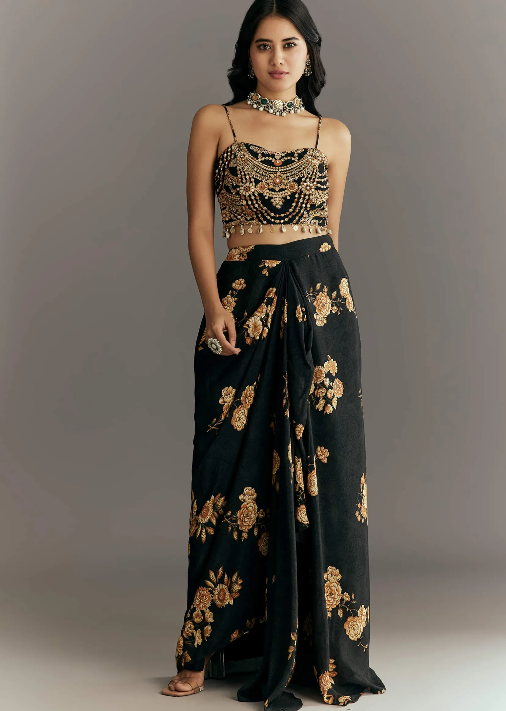 Black Muslin Croptop Set With Floral Printed Skirt Jacket