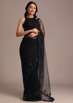 Black Net Embroidered Saree With Cutdana And Sequin Work