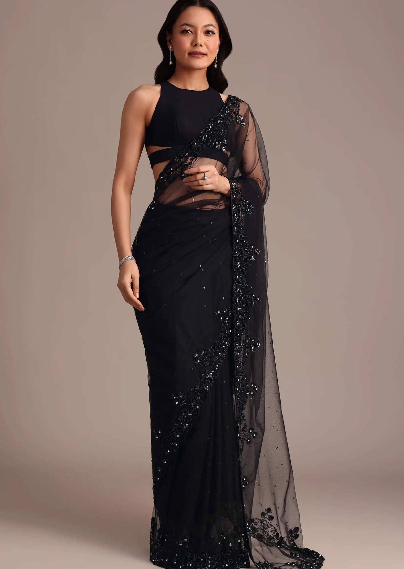 Black Net Embroidered Saree With Cutdana And Sequin Work
