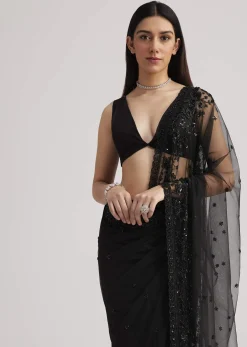 Black Net Heavy Embroidered Saree With Sequins And Stones