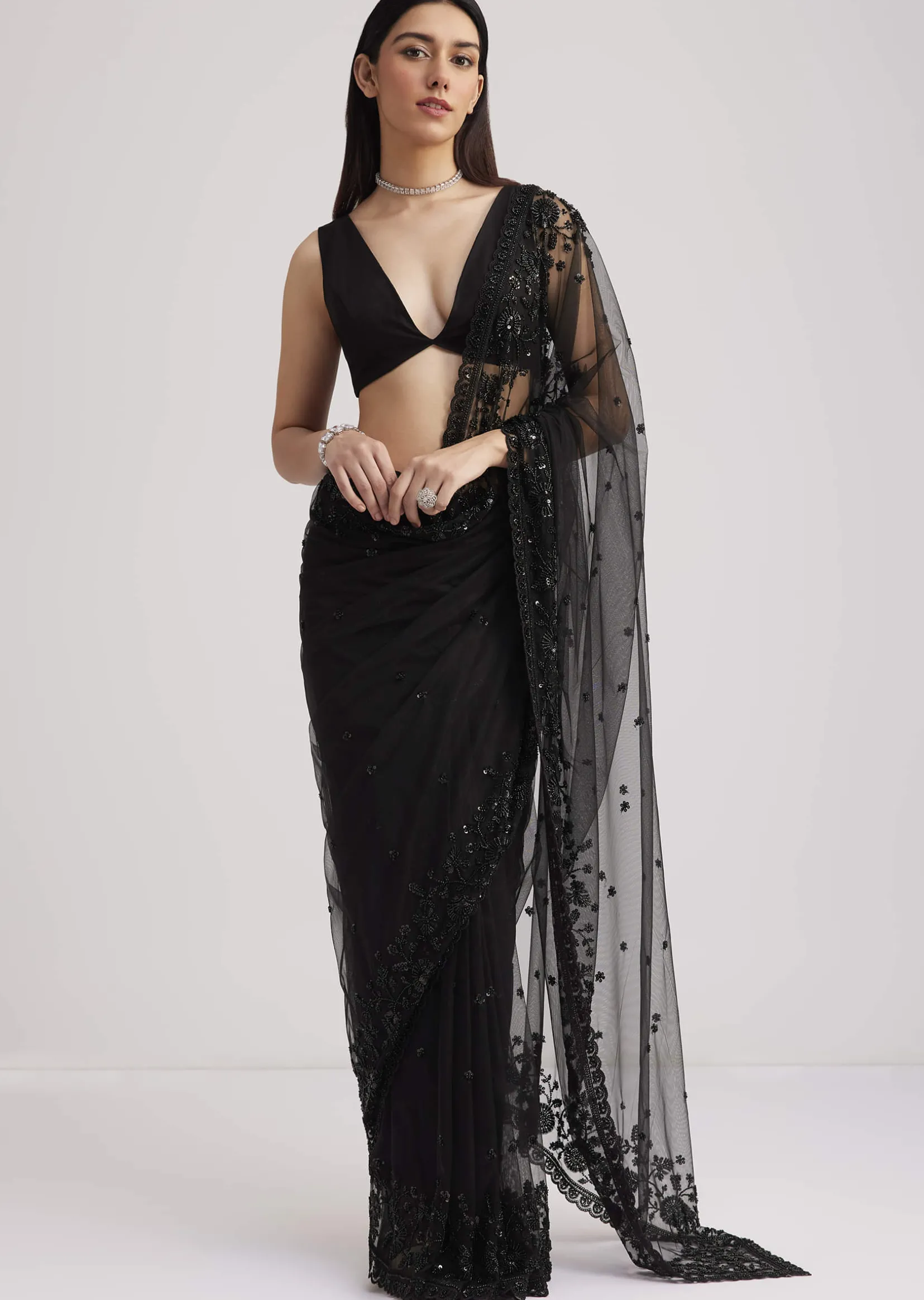 Black Net Heavy Embroidered Saree With Sequins And Stones