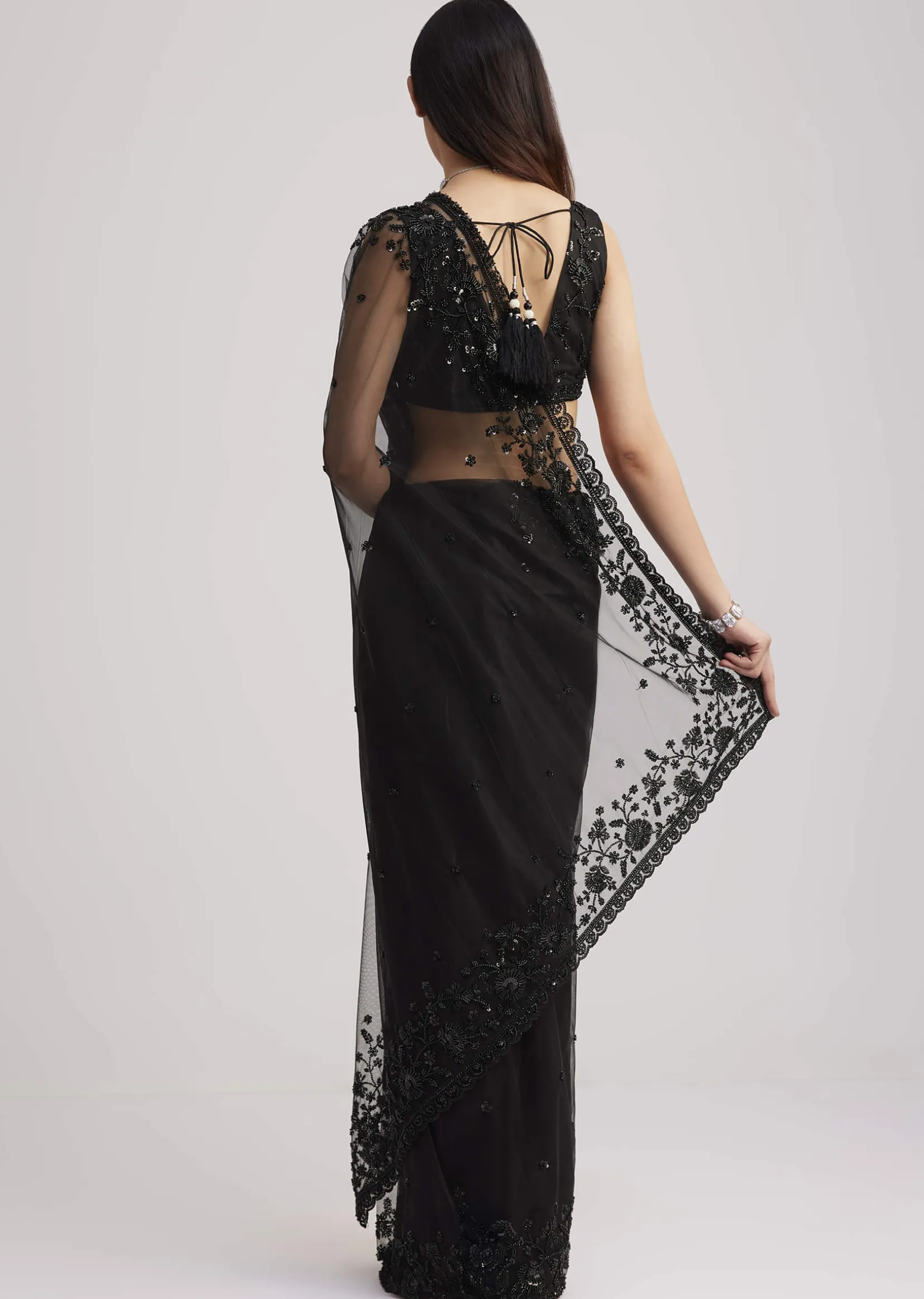 Black Net Heavy Embroidered Saree With Sequins And Stones