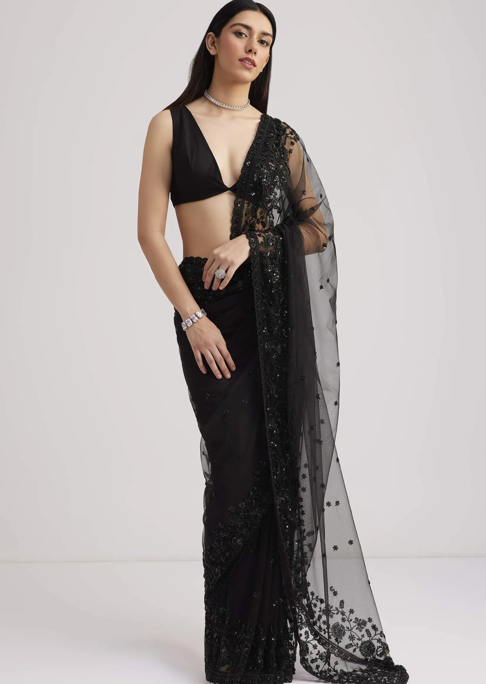 Black Net Heavy Embroidered Saree With Sequins And Stones