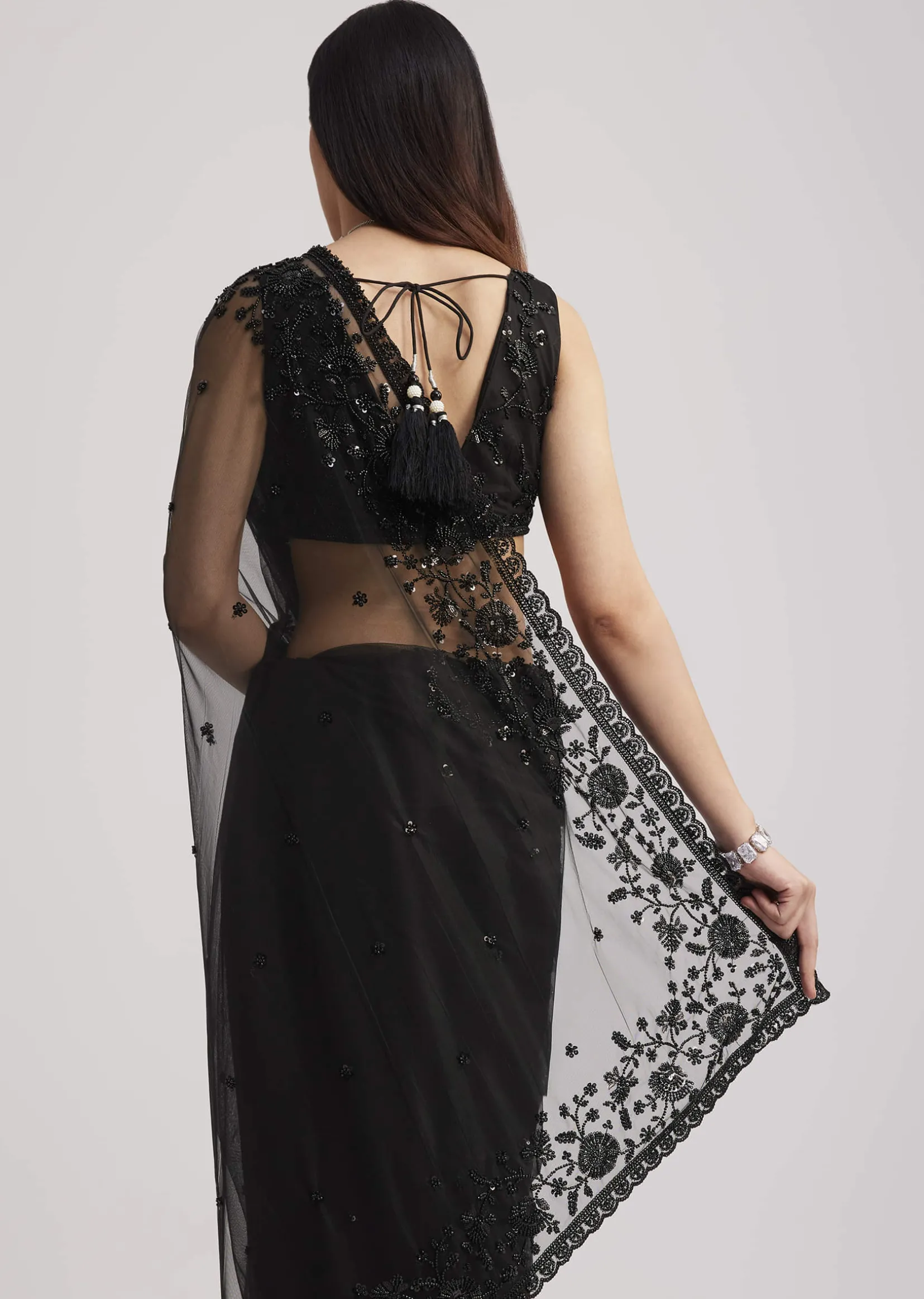 Black Net Heavy Embroidered Saree With Sequins And Stones