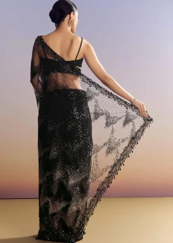 Black Net Saree With Golden Sequins And Cutdana Embroidery