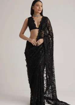 Black Net Saree With Sequins And Stones Embroidery