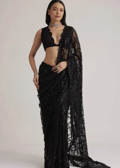 Black Net Saree With Sequins And Stones Embroidery