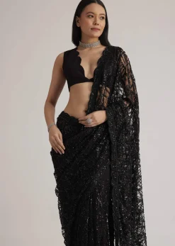 Black Net Saree With Sequins And Stones Embroidery