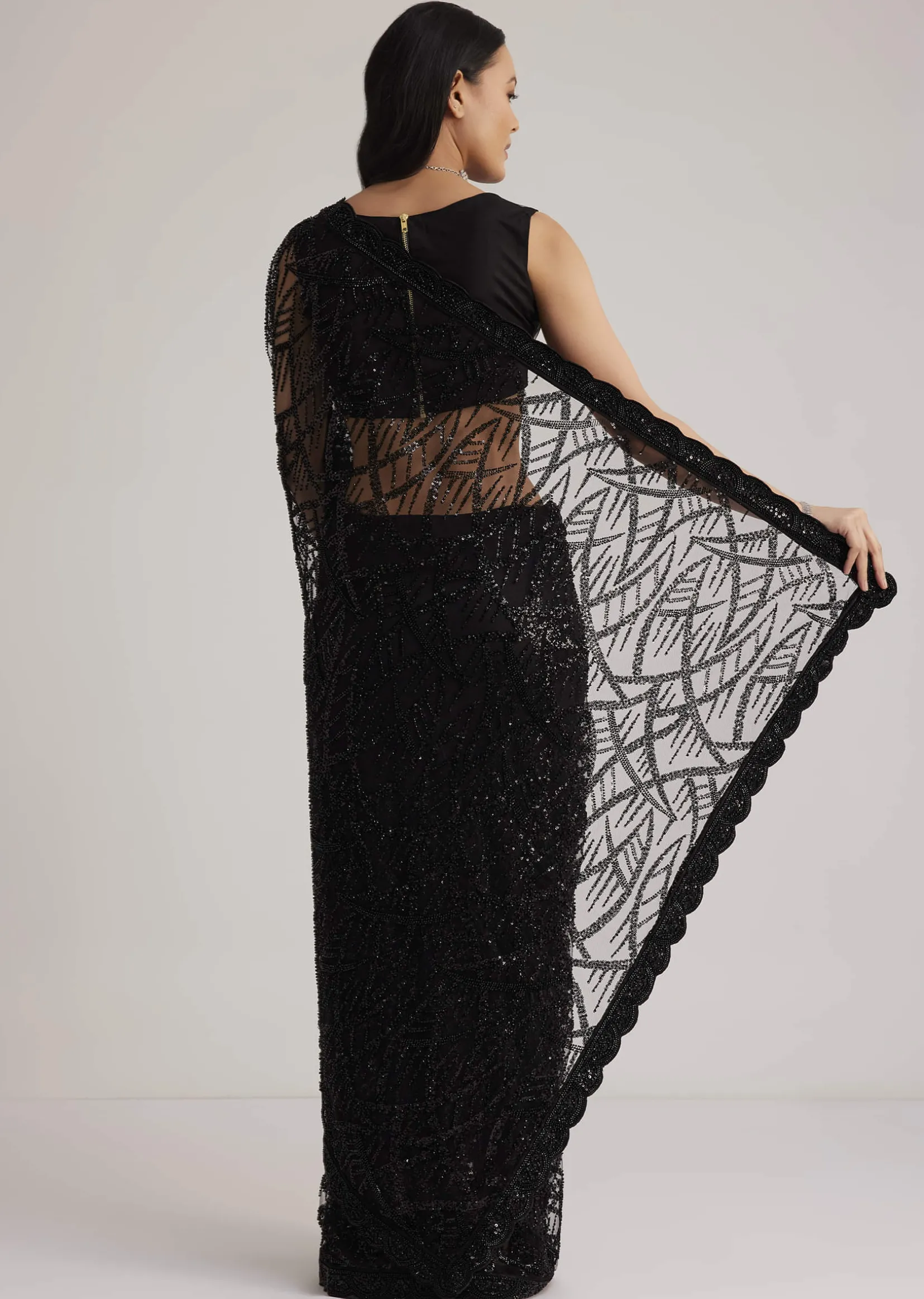 Black Net Saree With Sequins And Stones Embroidery