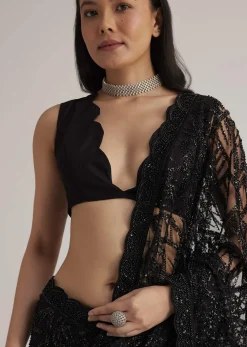 Black Net Saree With Sequins And Stones Embroidery