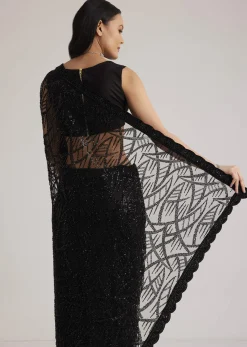 Black Net Saree With Sequins And Stones Embroidery