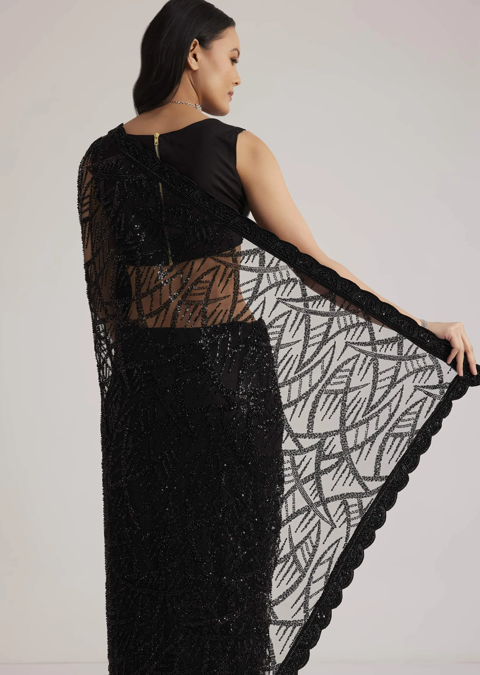 Black Net Saree With Sequins And Stones Embroidery