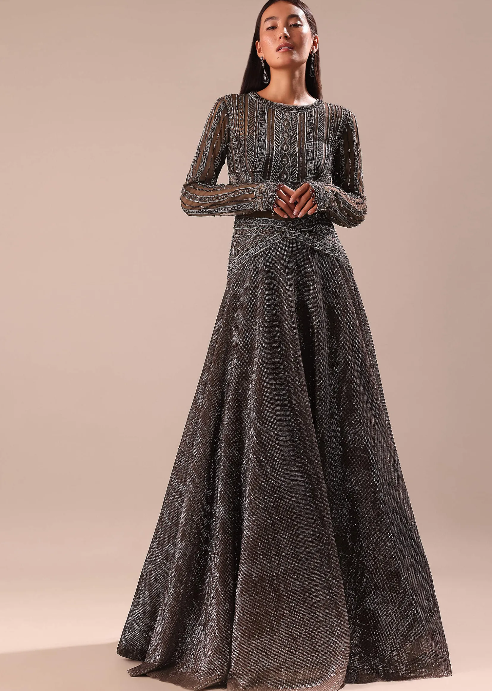Black Ombre Embroidered Net Gown