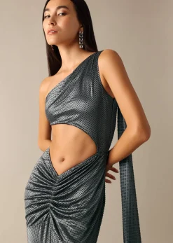 Black One Shoulder Fishcut Gown With Attached Drape