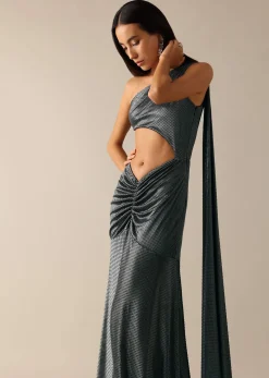 Black One Shoulder Fishcut Gown With Attached Drape