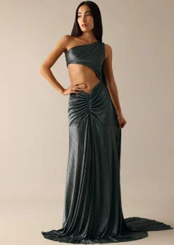 Black One Shoulder Fishcut Gown With Attached Drape