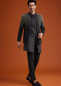Black Open Indo Jacket Set With Silver Beadwork