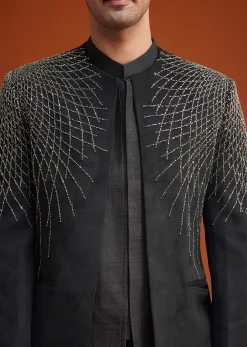 Black Open Indo Jacket Set With Silver Beadwork