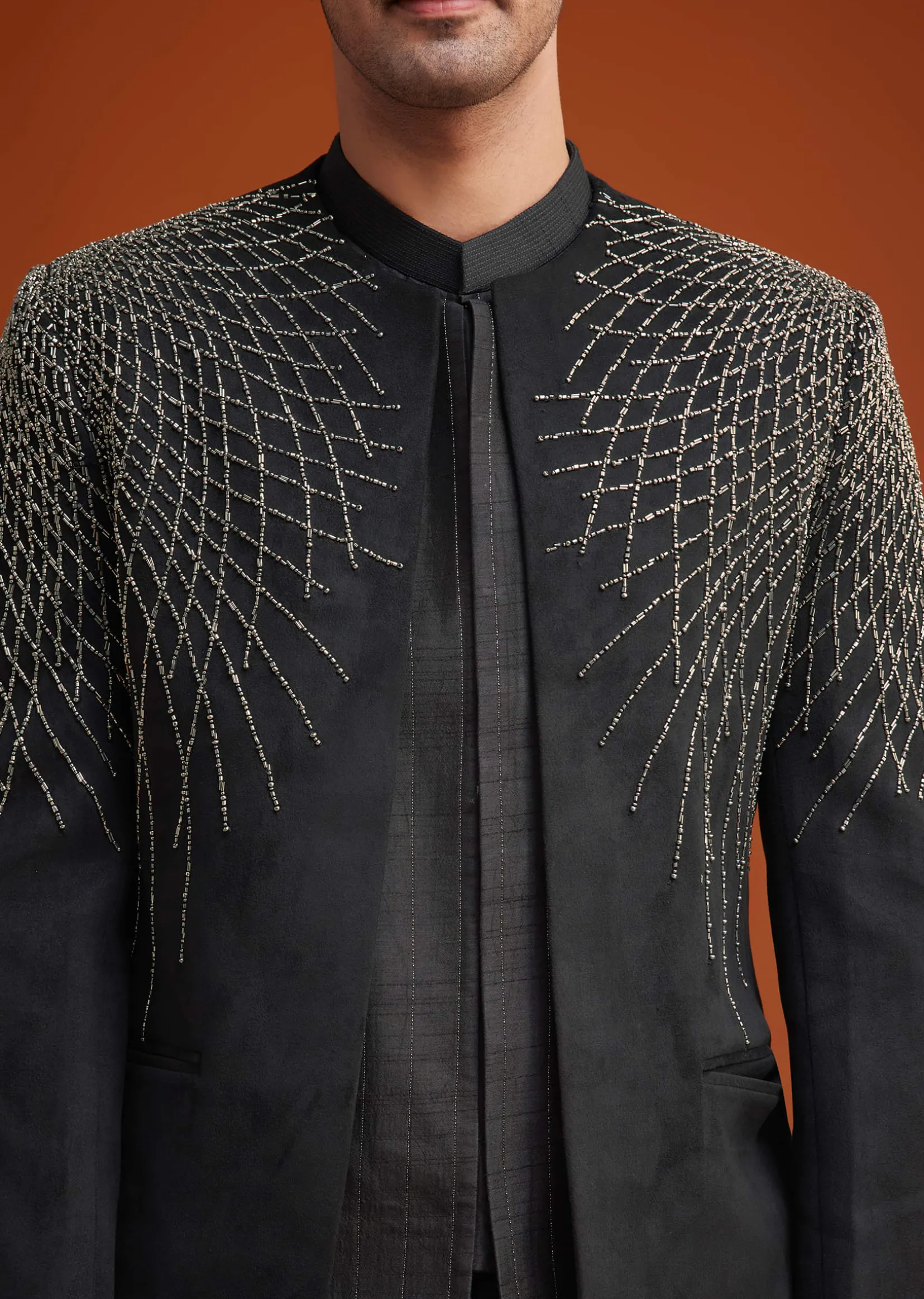 Black Open Indo Jacket Set With Silver Beadwork
