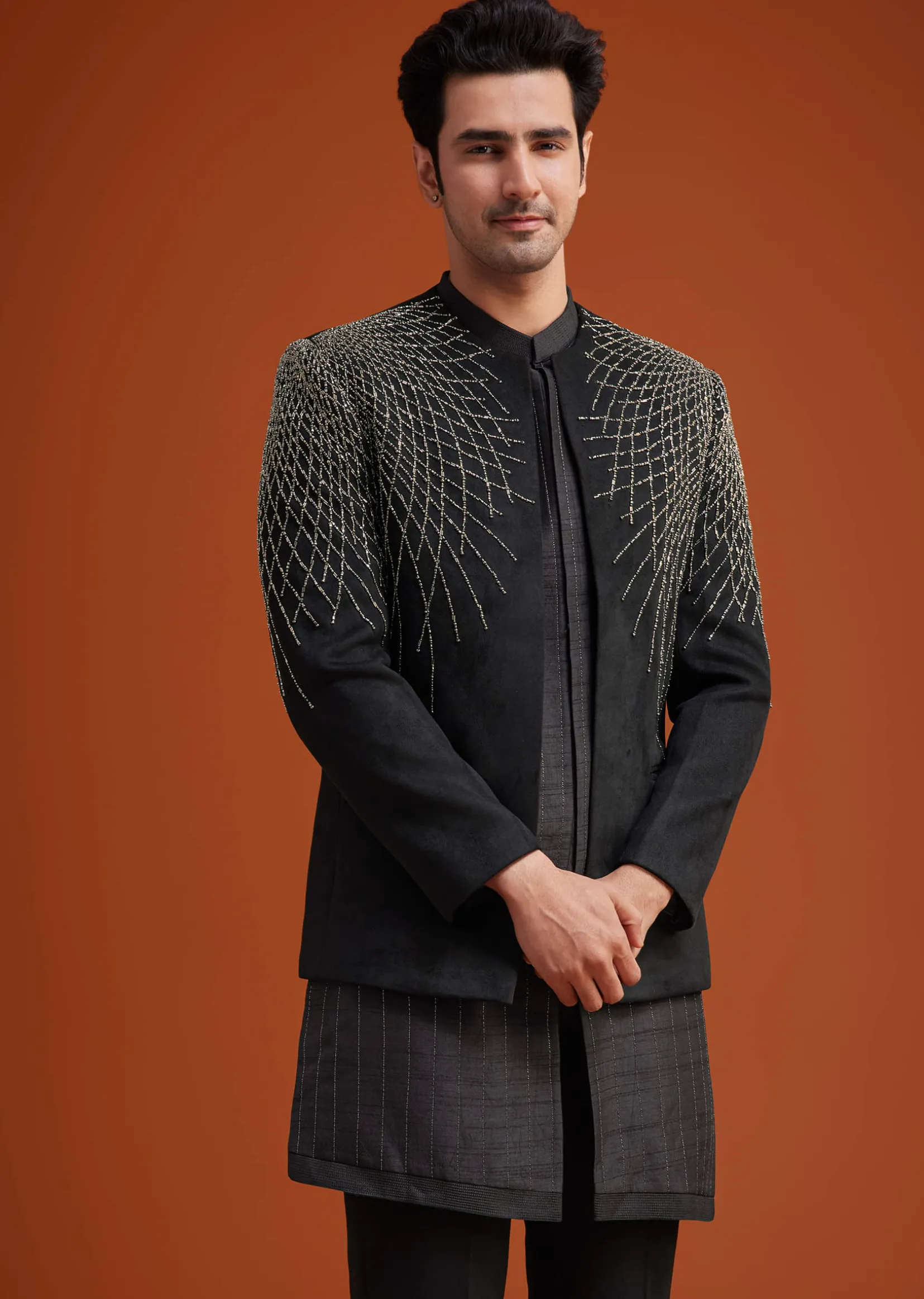 Black Open Indo Jacket Set With Silver Beadwork