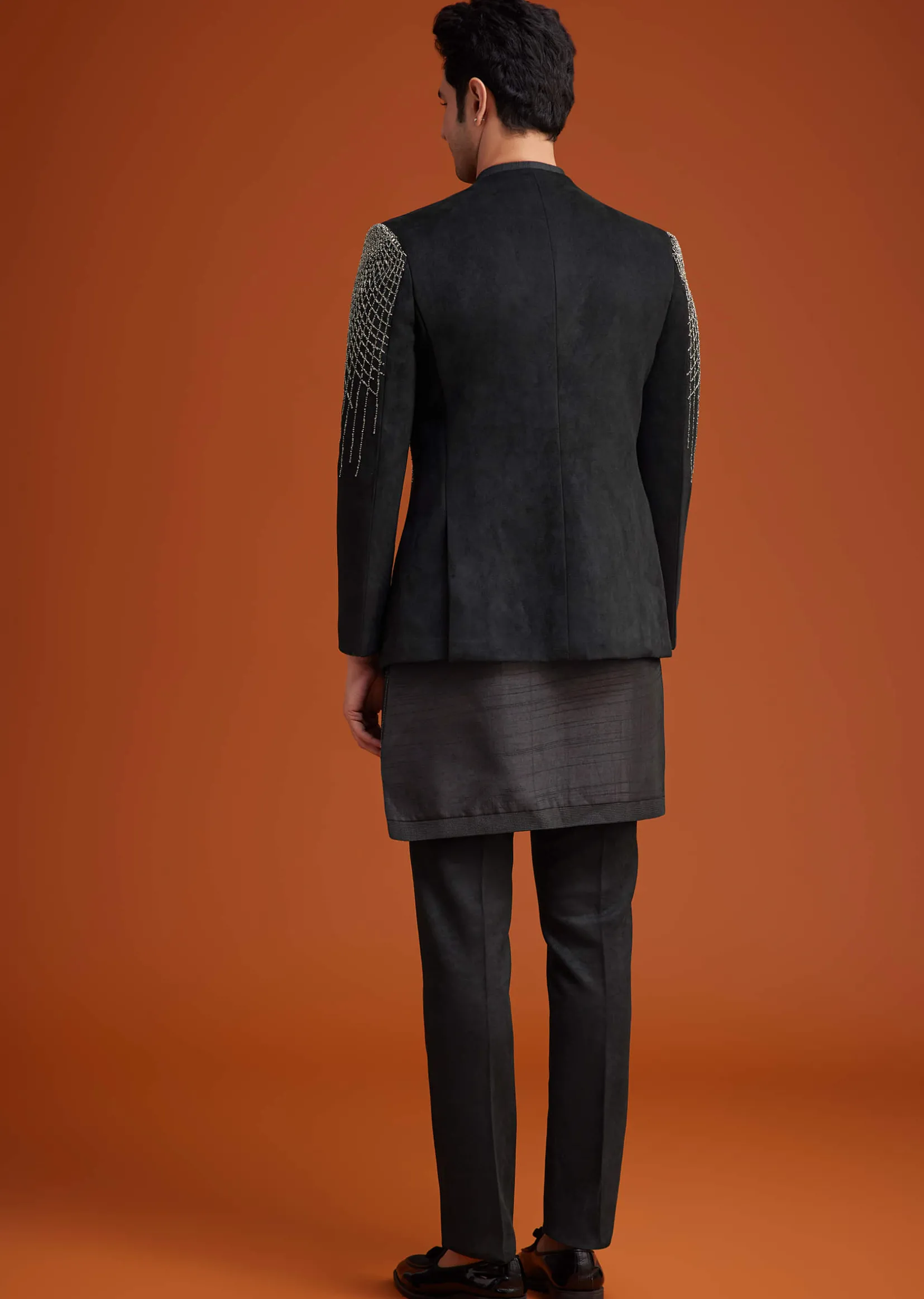 Black Open Indo Jacket Set With Silver Beadwork