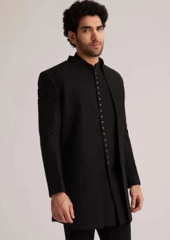 Black Open Jacket Set With Bead Embroidery