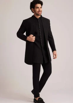 Black Open Jacket Set With Bead Embroidery
