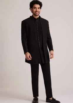Black Open Jacket Set With Bead Embroidery