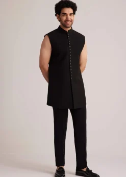 Black Open Jacket Set With Bead Embroidery