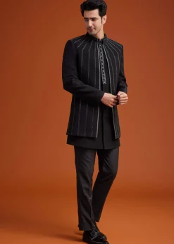 Black Open Sherwani Set with Linear Bead and Sequin Detailing