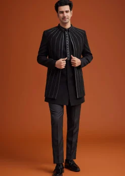 Black Open Sherwani Set with Linear Bead and Sequin Detailing