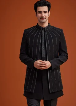 Black Open Sherwani Set with Linear Bead and Sequin Detailing