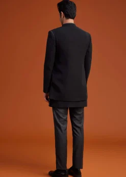 Black Open Sherwani Set with Linear Bead and Sequin Detailing