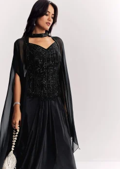 Black Organza Cape Suit With Sequins And Cutdana Embroidered Top