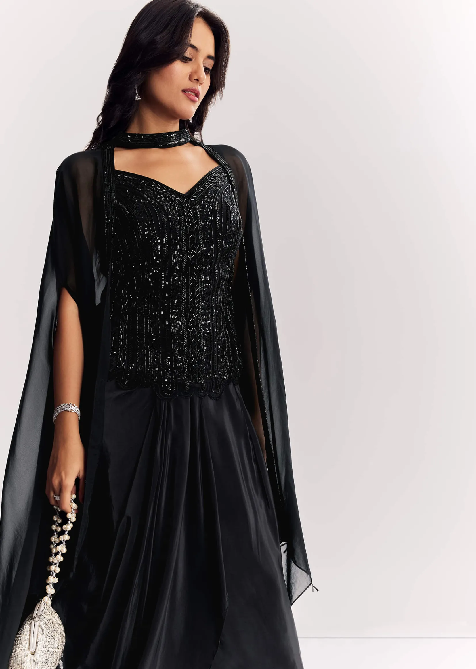 Black Organza Cape Suit With Sequins And Cutdana Embroidered Top